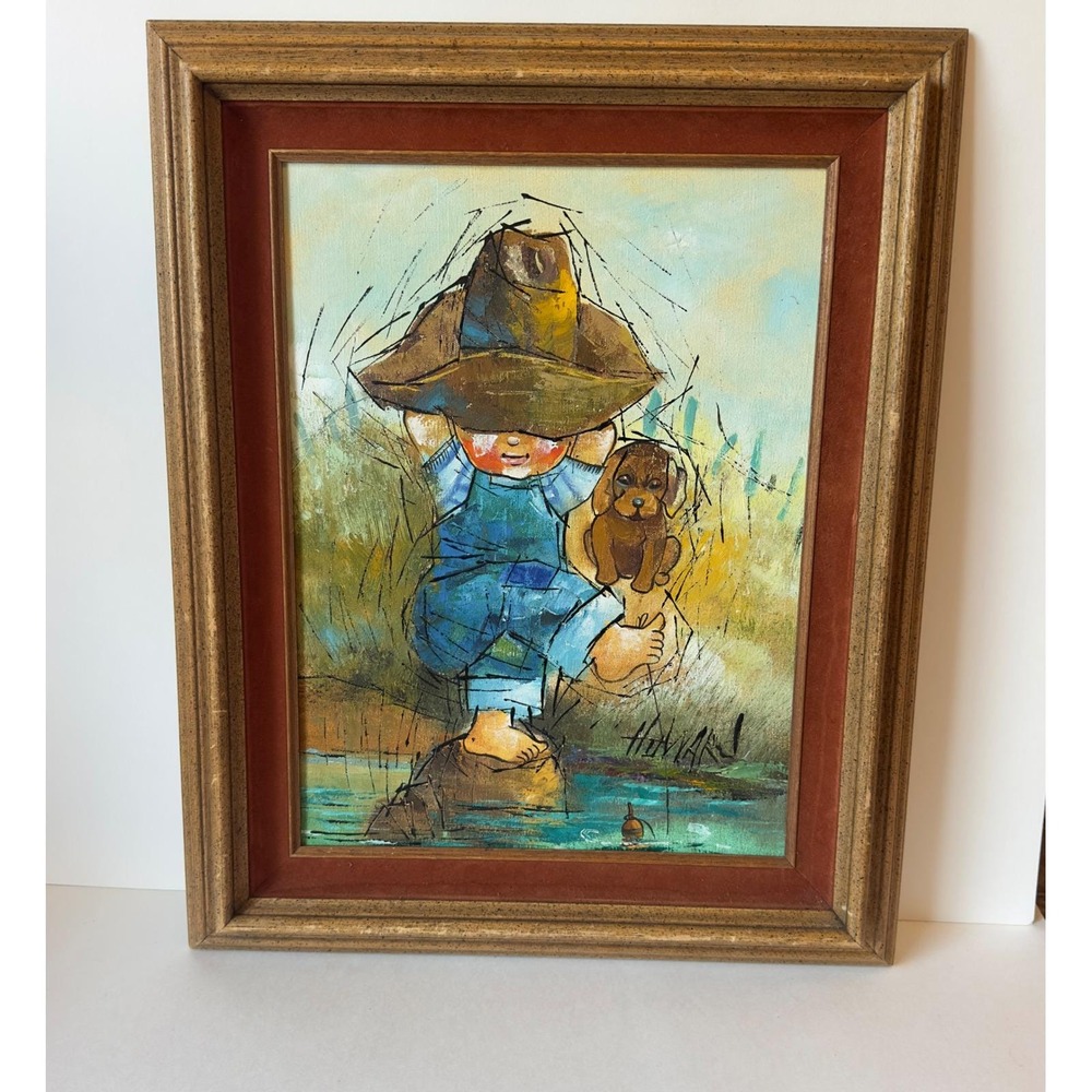 Vintage Howard Oil Painting Boy with Dog Fishing Mid Century Framed Art OOAK 21"